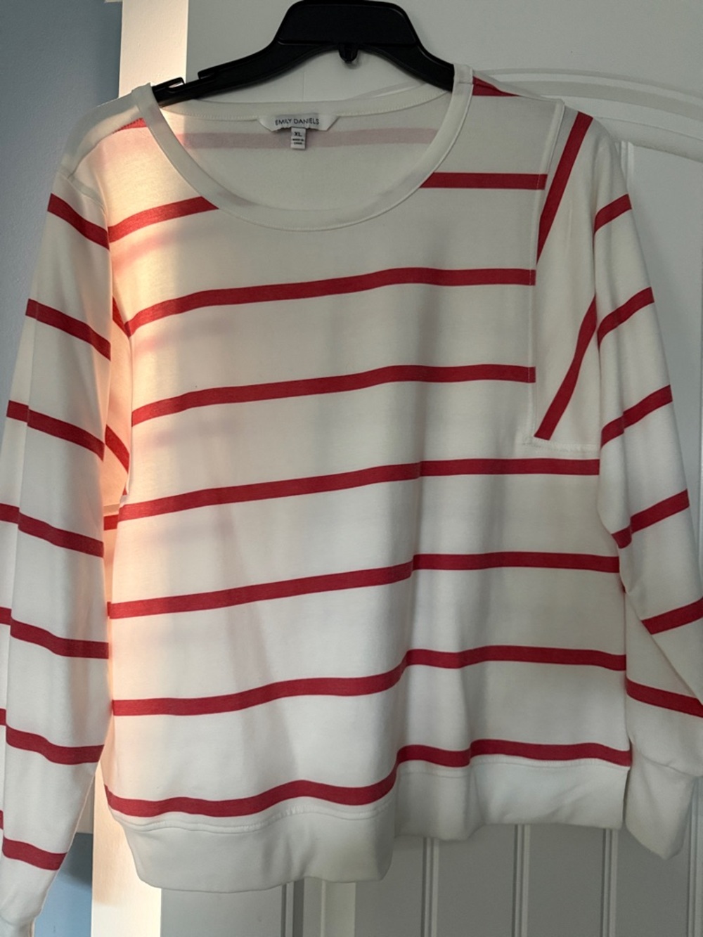 Emily Daniels White and Red Striped Pullover Sweatshirt